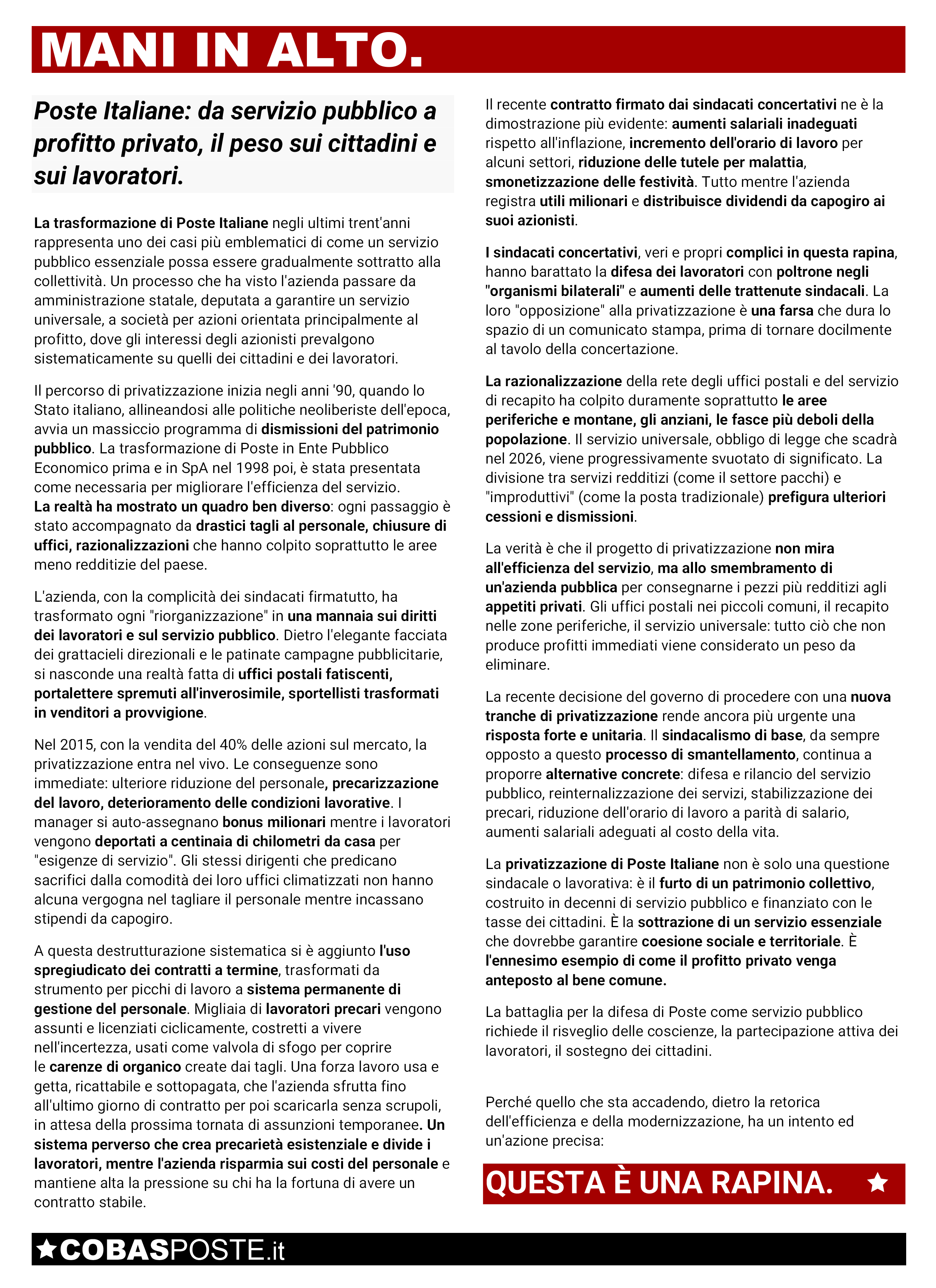 mani in alto, questa è una rapina. privatizzazione di poste italiane.