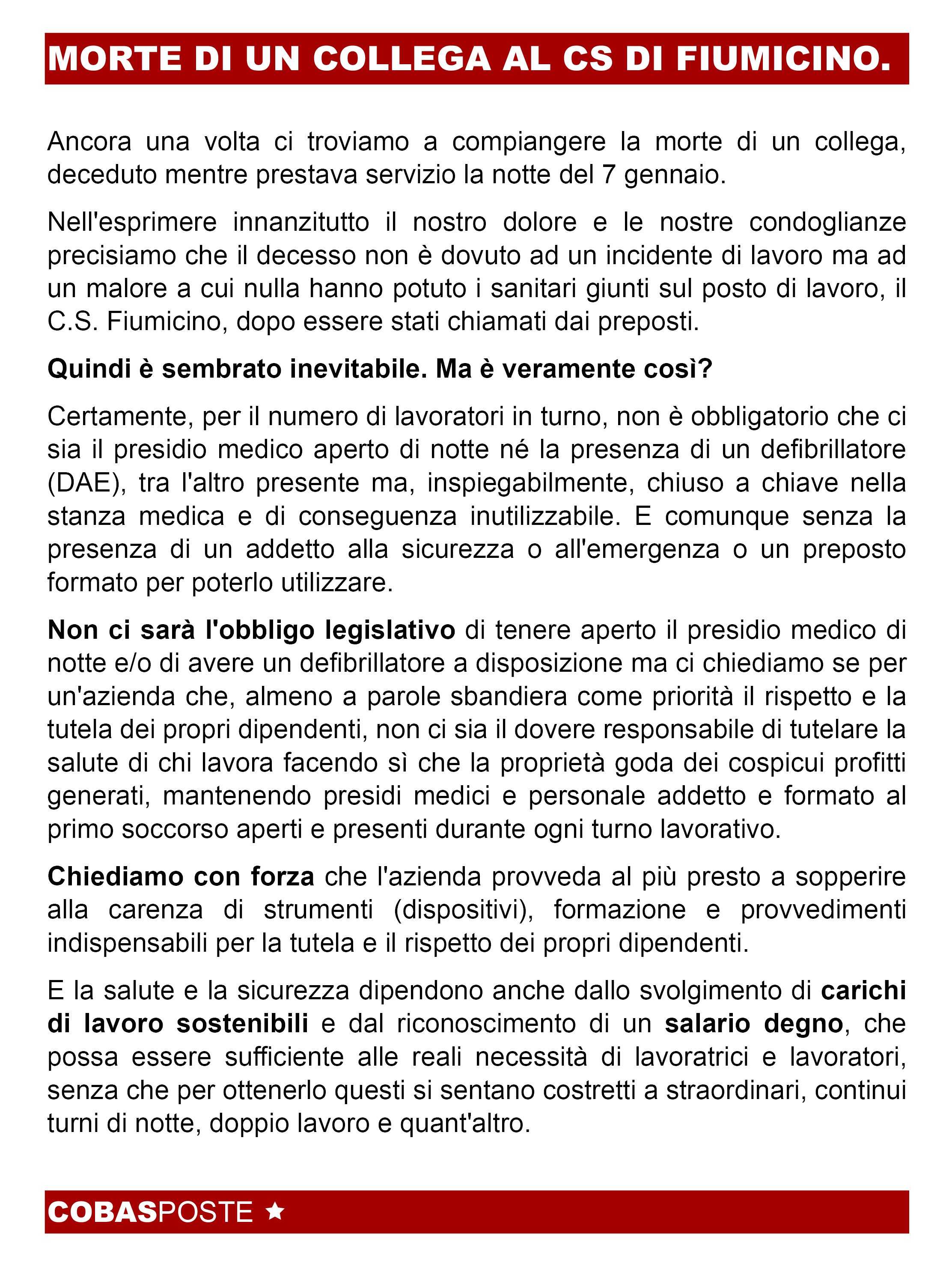 Morte di un collega al CS di Fiumicino.
