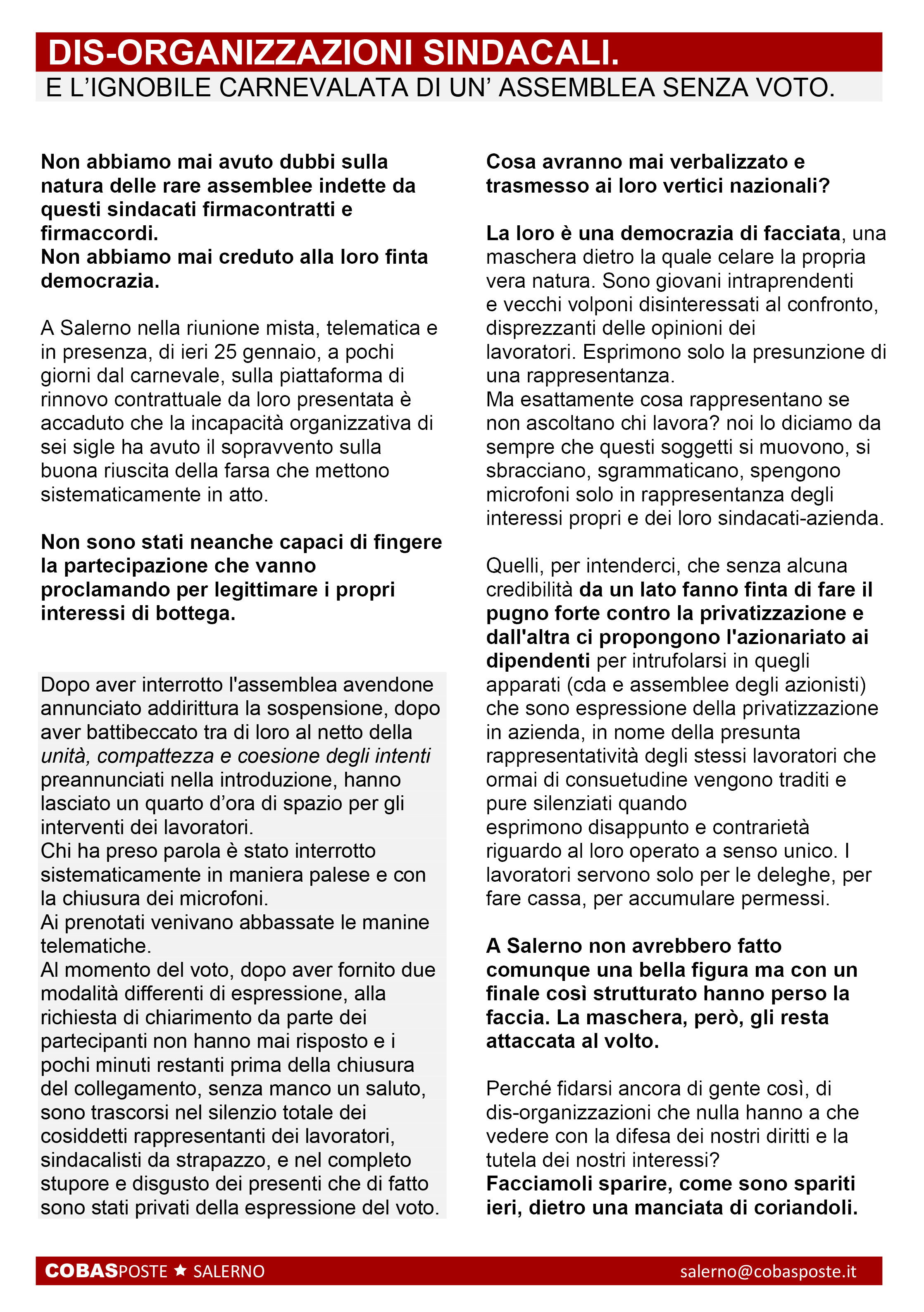 democrazia rappresentativa alle assemblee del rinnovo contrattuale di poste non lasciano votare ed esprimere i lavoratori