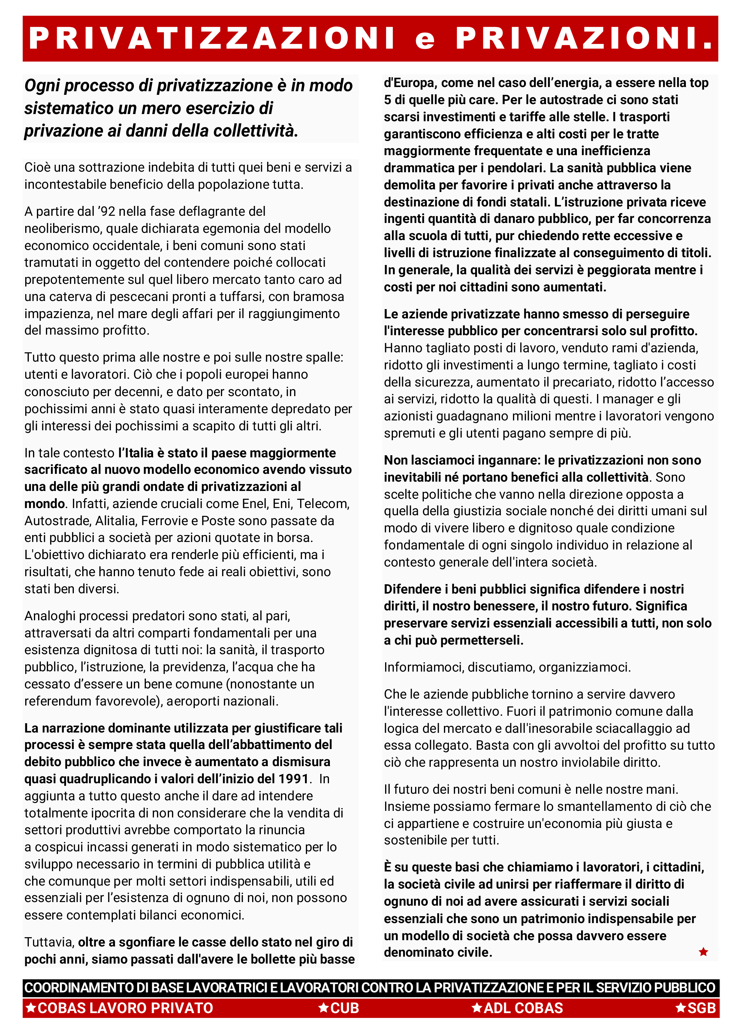 volantino unitario contro la privatizazione