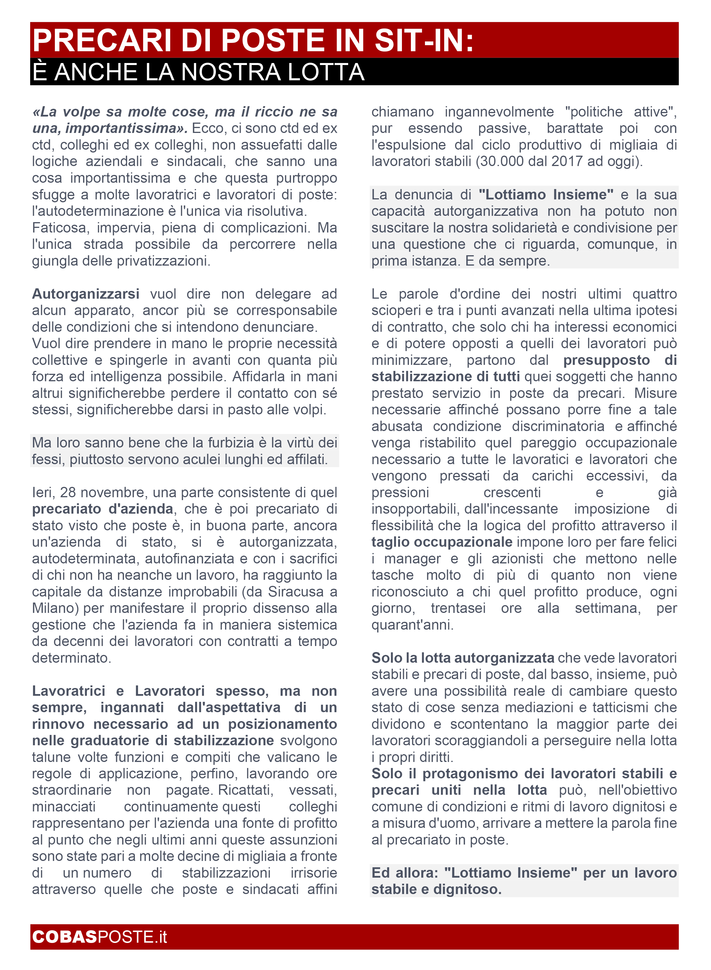 comunicato cobas poste sul sit-in dei precari ctd ex
