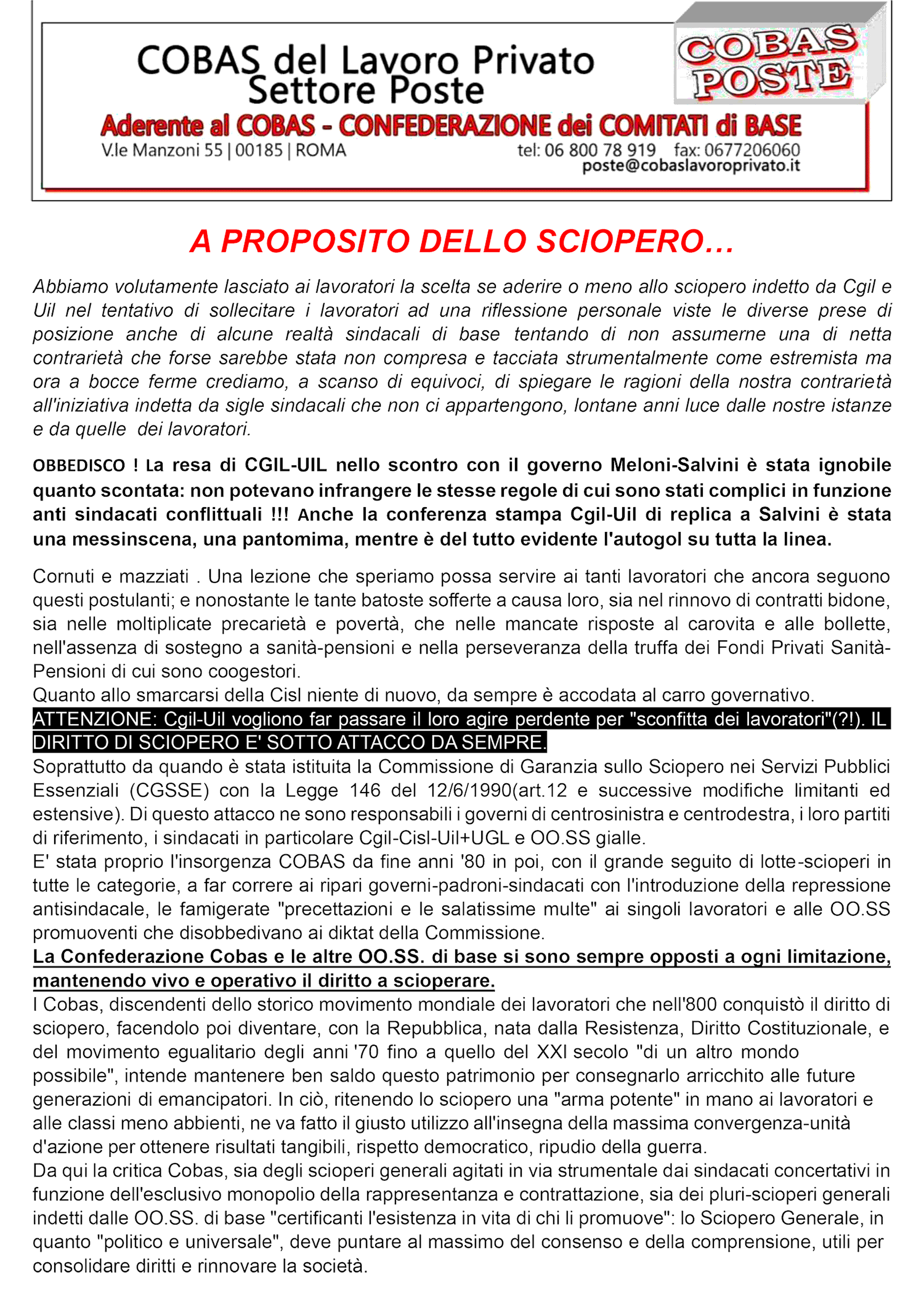 a proposito dello sciopero del 17 novembre 2023 cgil uil cosa ne pensiamo noi cobas